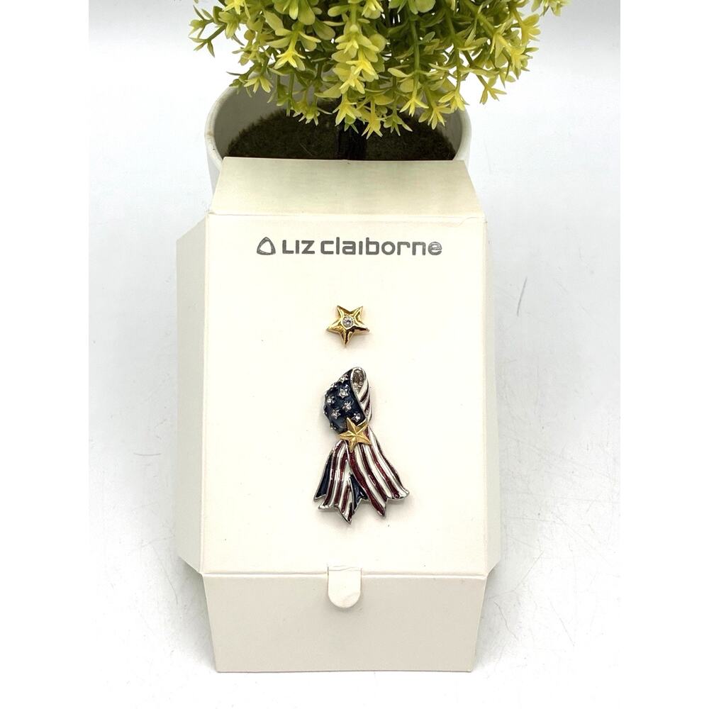 Vintage Liz Claiborne Patriotic Flag Brooch — Rhinestone American Flag Pin, NOS